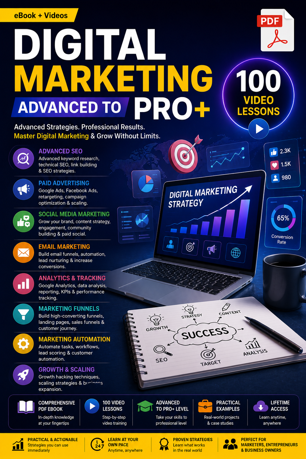 eBook: Digital Marketing Pro+: Advanced Strategies pdf file & 100 Video Lessons